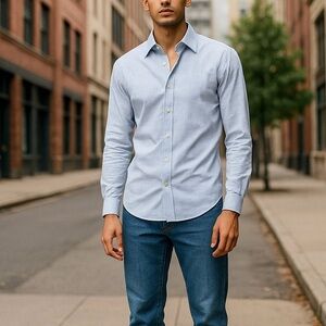 Hugo Boss Men's Sharp Fit Plaid Dress Shirt Light Blue White Long Sleeve Sz 16.5